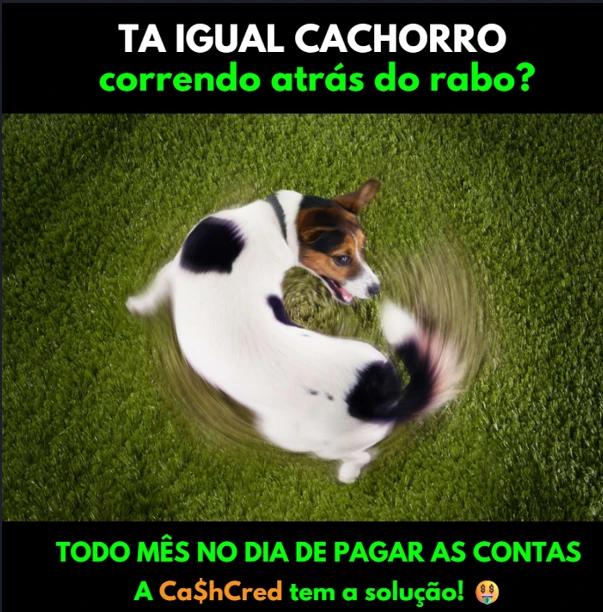 Ilustração de um cachorro correndo em círculos, simbolizando a corrida para pagar as contas